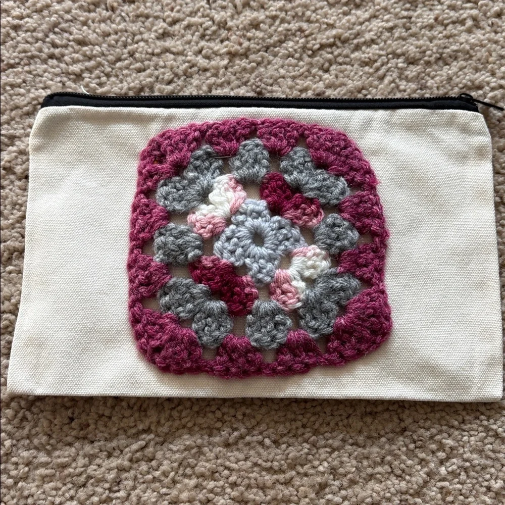 Crochet Accent Cosmetic Bag in Cream and Pink